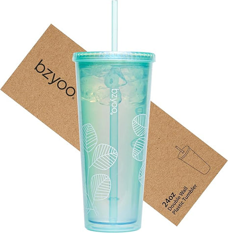 bzyoo SIP 24oz (710ml) Double Wall Plastic Tumbler with Lid and Straw Cold Drink Travel Mug Reusable Ice Coffee Tea Cup Perfect for Office Poolside Parties Gifts Color: Pearl Green