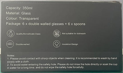LIBWYS 6 Pack Double Walled Coffee Cups Glasses Mugs, 12oz Espresso Cappuccino Latte Tea Cups with Handle, Heat Resistant Borosilicate Clear Glasses 350ml