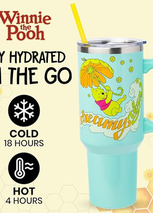 Silver Buffalo Disney Winnie the Pooh “Dreamy Days” Retro Art Stainless Steel Tumbler with Handle and Straw, Fits in Standard Cup Holder, 40 Ounces