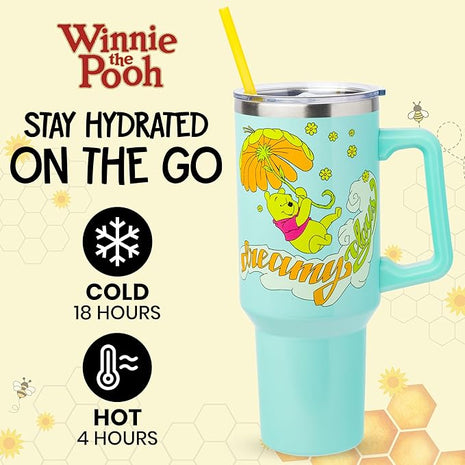 Silver Buffalo Disney Winnie the Pooh “Dreamy Days” Retro Art Stainless Steel Tumbler with Handle and Straw, Fits in Standard Cup Holder, 40 Ounces