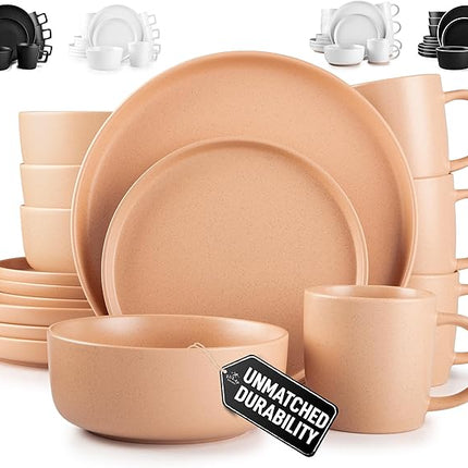 Zulay Kitchen Terra Stoneware Dinnerware Set, Artisanal Ceramic Plates and Bowls Set Crafted at 2300℉ - Service for 4, Terracotta Clay