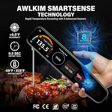 0.5s Instant Read Smart Meat Thermometer Digital, 3.8″ HD Touchscreen with Temp-OS, Professional Kitchen Food Thermometer for Cooking, Grill, BBQ | ±0.5°F, −58–572°F, IP68, USB-C Rechargeable
