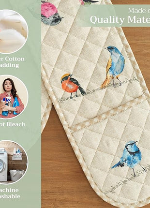 Maison d' Hermine Double Oven Mitts 100% Cotton 7"x35" Double Oven Mitt Heat Resistant BBQ Cooking Gloves with Loop, Baking, Grilling, Home, Kitchen, Handling Hot Pans Spring Summer (Birdies On Wire)