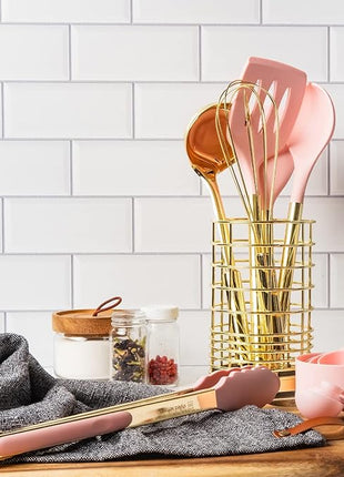 Pink and Gold Kitchen Utensils Set - 17-Piece Kitchen Tools Include Silicone Cooking Utensils, Spatula Holder, Measuring Cups and Spoons for Baking, Cooking - Stylish Pink Kitchen Accessories