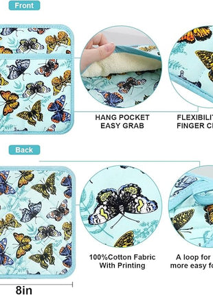 Pot Holders Set of 2 Heat Resistant 480℉ Kitchen 100% Cotton Comfortable Lining Printing Butterfly Flower Women Men Home Cooking Baking Microwave BBQ Gift (Butterfly potholders)