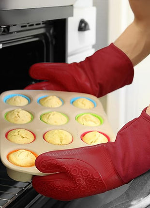 BPA-Free Silicone Oven Mitts Ultra Heat Resistant up to 500°F - Oven Mitts with Thick Cotton Liner - Long Slip Resistant Pot Holders, Flexible Oven Gloves - Empire Red 13.7