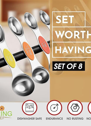 Spring Chef Stainless Steel Magnetic Measuring Spoons Set of 8 with Leveler, Nesting Teaspoon & Tablespoon Measuring Spoons, Kitchen Gadgets for Baking & Cooking, Fits in Spice Jars - Mountain Sunrise