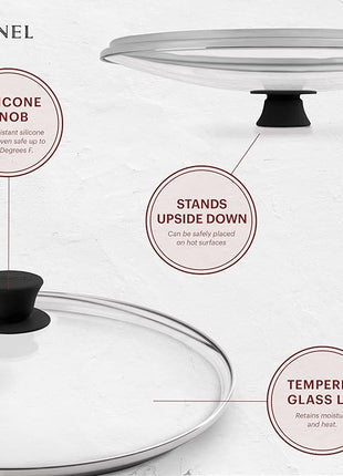 Cast Iron Skillet with Glass Lid - 12"-Inch Dual Handle Frying Pan + Pan Scraper + Silicone Handle Holder Covers - Preseasoned Oven Safe Cookware - Indoor/Outdoor Use - Grill, Stovetop, Induction Safe