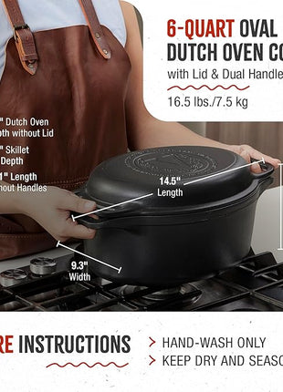 Victoria 6-Quart Cast Iron Oval Dutch Oven, Combination Combo Cooker Pot and Skillet, Bread Baker, Made in Colombia, 2-Piece Set