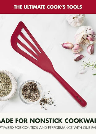 GreenPan Silicone Fish Turner Spatula, Slotted Cooking Kitchen Utensil, Flexible Rubber Nonstick Cookware, Rigid Steel Core, Heat-Resistant, Anti-Slip Handle, BPA-Free, Dishwasher Safe, Red
