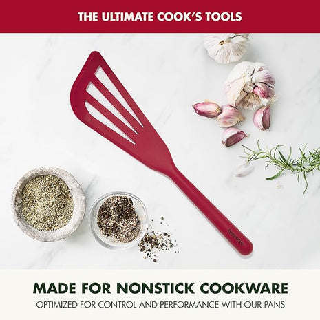 GreenPan Silicone Fish Turner Spatula, Slotted Cooking Kitchen Utensil, Flexible Rubber Nonstick Cookware, Rigid Steel Core, Heat-Resistant, Anti-Slip Handle, BPA-Free, Dishwasher Safe, Red