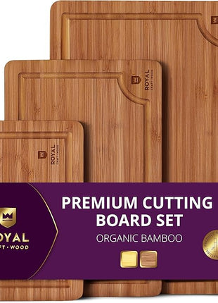 ROYAL CRAFT WOOD Wooden Cutting Boards for Kitchen Meal Prep & Serving - Bamboo Wood Serving Board Set with Deep Juice Groove Side Handles - Charcuterie & Chopping Butcher Block for Meat (3 Pcs)