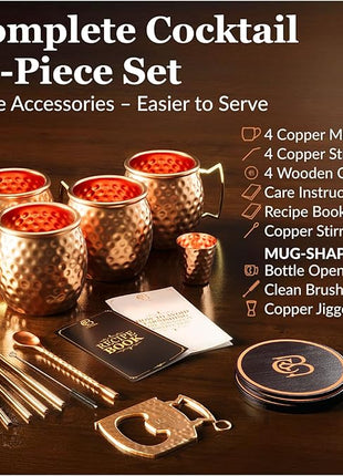 Moscow Mule Copper Mugs - Unique HANDCREFTED Gift Set of 4, Hammered by Artisan, 100% Pure Solid Copper Cups 16oz for Drinking Water & Cocktails, Include 12 Pcs accessories & Special Opener