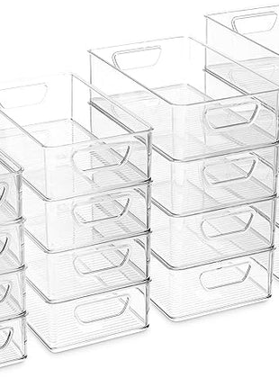 Munfix Set Of 16 Refrigerator Organizer Bins - Plastic Pantry Organization and Storage Baskets - Stackable Food Fridge Organizers with Cutout Handles for Freezer, Kitchen, Countertops, Cabinets