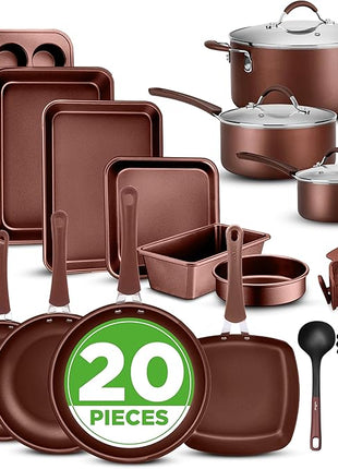 NutriChef 20 Piece Professional Home Kitchen Cookware and Bakeware, Pots and Pans Set Non Stick Kitchenware, Cool-Touch Handles, Safe for Gas, Electric, Induction Cooktops, Easy Clean, Brown
