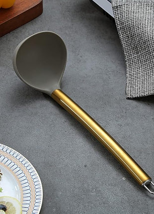 Gold Ladle, Berglander Non-stick Silicone Kitchen Ladle With Titainium Gold Plating handle, Soup Ladle, Cooking Ladle Soup Spoon For Cooking, Dishwasher Safe, Easy to Clean