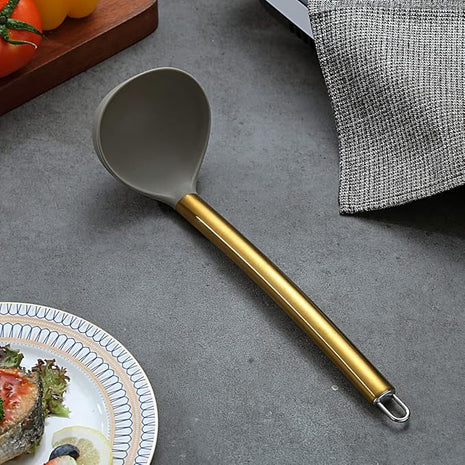 Gold Ladle, Berglander Non-stick Silicone Kitchen Ladle With Titainium Gold Plating handle, Soup Ladle, Cooking Ladle Soup Spoon For Cooking, Dishwasher Safe, Easy to Clean