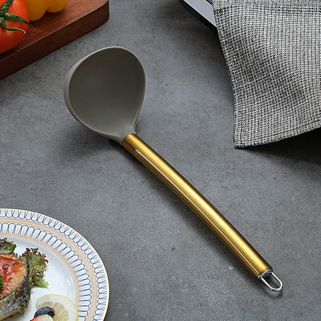 Gold Ladle, Berglander Non-stick Silicone Kitchen Ladle With Titainium Gold Plating handle, Soup Ladle, Cooking Ladle Soup Spoon For Cooking, Dishwasher Safe, Easy to Clean