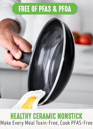 GreenLife 16 Piece Nonstick Cookware Set, Soft Grip Non-Toxic PFAS-Free Ceramic Pots & Pans, Dishwasher & Oven Safe, Frying, Sauce, Saute, Utensils, Glass Lids, Stay-Cool Handles, Wobble Free, Black