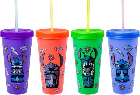 Silver Buffalo Lilo and Stitch Tiki Stitch Set 24oz. 4 pack Color Change Plastic Tumbler