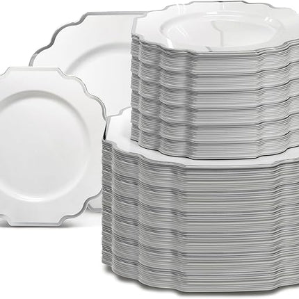 " OCCASIONS " 240 Plates Pack (120 Guests) Heavyweight Wedding Party Disposable Plastic Plates Set -120 x 10.5'' Dinner + 120 x 8'' Salad/Dessert Plate (Imperial in White & Silver Rim)