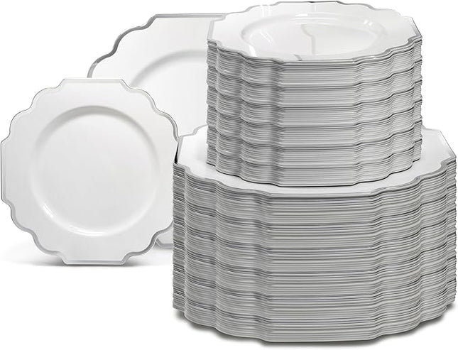 " OCCASIONS " 240 Plates Pack (120 Guests) Heavyweight Wedding Party Disposable Plastic Plates Set -120 x 10.5'' Dinner + 120 x 8'' Salad/Dessert Plate (Imperial in White & Silver Rim)
