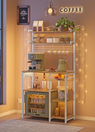 VASAGLE Bakers Rack with Power Outlet, 35.4 Inches Microwave Stand, Coffee Bar, 4 AC Outlets, with Adjustable Shelves, 8 S-Hooks, Basket, Spice Racks, Golden Oak and Cloud White UKKS031Y09
