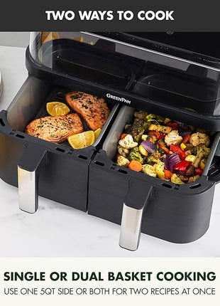 GreenPan Clearview 10QT Double Air Fryer, 360° Clear Window, PFAS-Free Ceramic Nonstick 5QT Drawers & Trays, Dual Cooking, 12-Presets, Shake Reminder, Keep Warm, Dishwasher Safe Parts