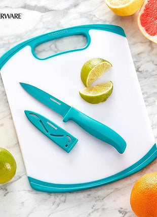 Farberware 2-Piece Paring Knife and Cutting Board Set, 3.5-Inch Paring Knife with Resin Coating and Custom-Fit Blade Cover and Non-Slip Plastic Chopping Board, Dishwasher-Safe Set, White/Blue