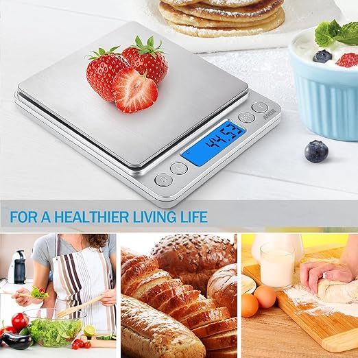 (Upgraded) AMIR Digital Kitchen Scale, 500g Mini Pocket Jewelry Scale, Food Scale, Coffee Scale, Back-Lit LCD Display, 2 Trays, 6 Units, Auto Off, Tare, PCS, Stainless Steel (Batteries Included)