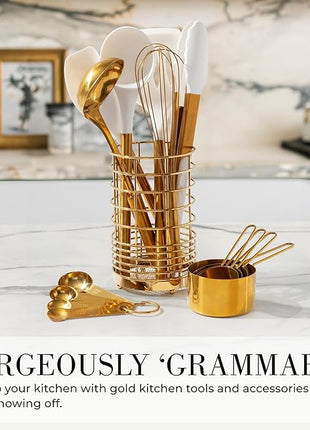 Styled Settings White and Gold Cooking Utensils Set with Holder - 15-Piece Silicone Cooking Tools with Utensil Holder, Measuring Cups, and Spoons - Elegant White and Gold Kitchen Accessories