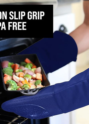 BPA-Free Soft Silicone Oven Mitts - Ultra Heat Resistant Oven Mitts with Thick Cotton Liner - Long Slip Resistant Pot Holders, Flexible Oven Gloves - Royal Blue 13.7"