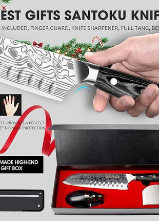 MOSFiATA Santoku Knife- 7 Inch Vegetable Knife Ultra Sharp Chopping Knife- Forged EN.4116 German Steel- Including Sheath,Finger Guard,Knife Sharpener,Full Tang,Best Gifts with Handmade Gift Box