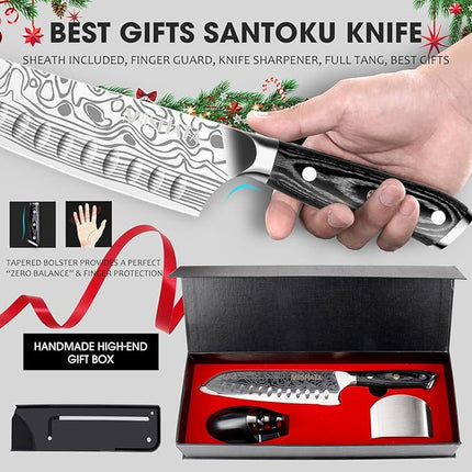 MOSFiATA Santoku Knife- 7 Inch Vegetable Knife Ultra Sharp Chopping Knife- Forged EN.4116 German Steel- Including Sheath,Finger Guard,Knife Sharpener,Full Tang,Best Gifts with Handmade Gift Box