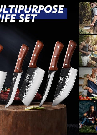 Butcher Knife Set 5PCS, Hand Forged Kitchen Knives Set Serbian Chef Knife Set, Meat Cleaver Boning Carving Knives Set for Home、Camping、BBQ