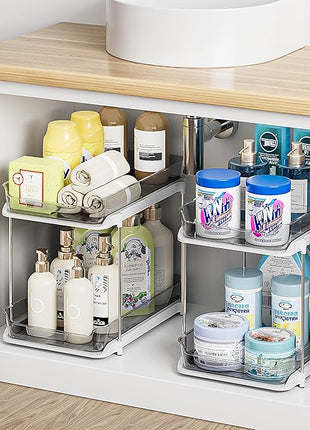 Delamu 2-Tier Multi-Purpose Bathroom Under Sink Organizers and Storage, Stackable Kitchen Pantry Organization, Pull Out Medicine Cabinet Organizer with Movable Dividers, Grey, 2 Pack