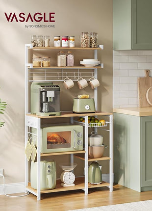 VASAGLE Bakers Rack with Power Outlet, 35.4 Inches Microwave Stand, Coffee Bar, 4 AC Outlets, with Adjustable Shelves, 8 S-Hooks, Basket, Spice Racks, Golden Oak and Cloud White UKKS031Y09