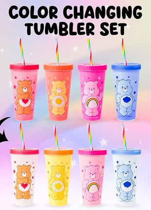 Silver Buffalo Care Bears Hearts and Stars 4 Pack Plastic Color Changing Tumblers with Rainbow Swirl Straws Featuring Tenderheart, Funshine, Cheer, and Grumpy Bear 24 Ounces
