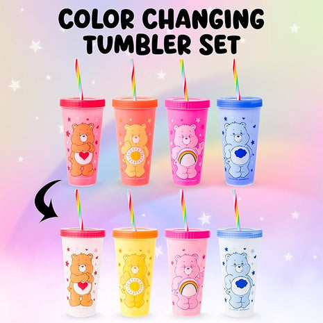 Silver Buffalo Care Bears Hearts and Stars 4 Pack Plastic Color Changing Tumblers with Rainbow Swirl Straws Featuring Tenderheart, Funshine, Cheer, and Grumpy Bear 24 Ounces
