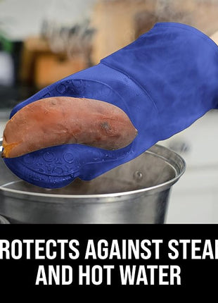 BPA-Free Soft Silicone Oven Mitts - Ultra Heat Resistant Oven Mitts with Thick Cotton Liner - Long Slip Resistant Pot Holders, Flexible Oven Gloves - Royal Blue 13.7"