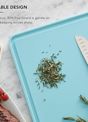 KitchenAid Classic Plastic Cutting Board with Perimeter Trench and Non Slip Edges, Dishwasher Safe, 12 inch x 18 inch, Blue