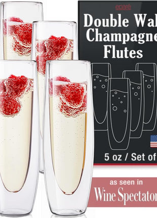 Eparé Stemless Champagne Flutes Glass - Set of 4 Double Wall Champagne Glasses for Mimosas, Prosecco, and Cocktails - Modern Lightweight Glass Stemless Flute Glasses for Celebrations