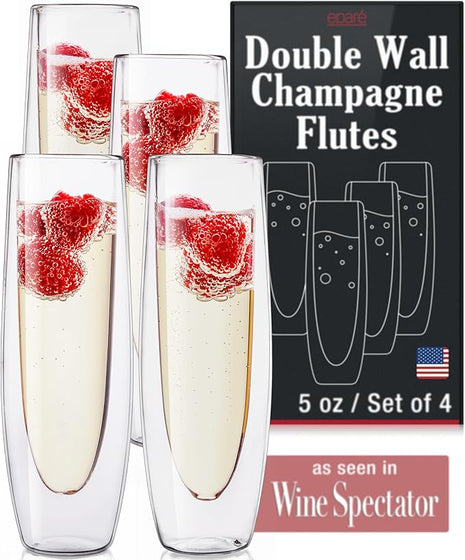 Eparé Stemless Champagne Flutes Glass - Set of 4 Double Wall Champagne Glasses for Mimosas, Prosecco, and Cocktails - Modern Lightweight Glass Stemless Flute Glasses for Celebrations