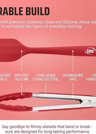 Kaluns Kitchen Tongs for Cooking Grilling Set of 4, BBQ Grill Tongs With Silicone Tip Stainless Steel Heat Resistant, Non-stick Pull Lock, Incl 7, 9, 12 Inch Tong Plus a Silicone Spatula