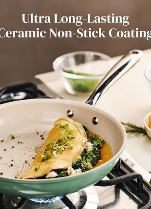 Redchef Non Stick Ceramic Frying Pan Set, Non Toxic Ceramic Pans for Cooking, 8" 9.5" 11" Skillet Set, No PFAS & PTFE & PFOA with Stainless Steel Handle, Dishwasher & Oven Safe Max up to 842°F (Green)