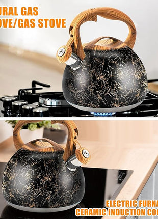 3.2Qt Whistling Tea Kettle for Stove Top, Food Grade Stainless Steel Wood Handle Teapot, Durable for Brewing Coffee, Tea, Milk, Suitable for All Heat Sources (Golden line)