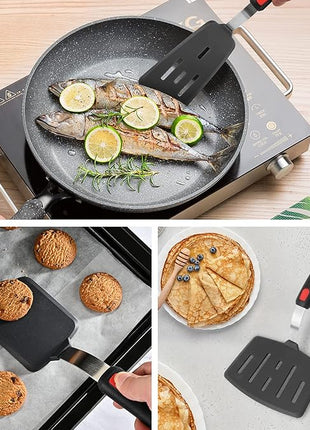 Hotec Silicone Spatula Turner for Nonstick Cookware, Cooking Spatulas 600°F Heat Resistant Large Flexible Rubber Spatula Set of 3, Kitchen Utensils for Flipping Eggs, Burgers, Pancakes, Crepes