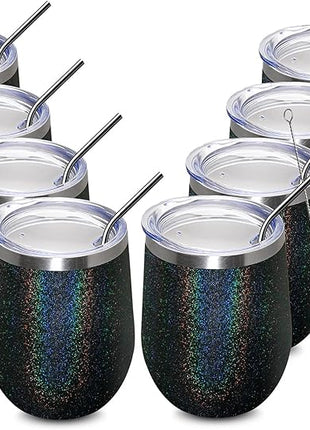 MEWAY 12oz/8 Pack Wine Tumbler Glasses with Lid - Stemless Double Wall Vacuum Stainless Steel Glitter Tumbler - Keeping Cold & Hot Cup for Coffee,Gift for Women(Rainbow Black,Set of 8)