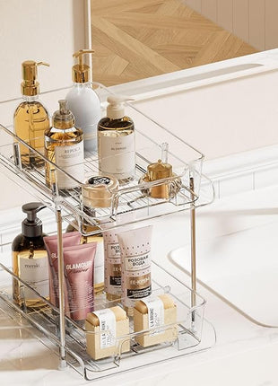 Vtopmart 4 Pack 2 Tier Bathroom Under Sink Organizers and Storage, Clear Kitchen Pantry Organization, Pull Out Medicine Cabinet Organizer with Movable Dividers