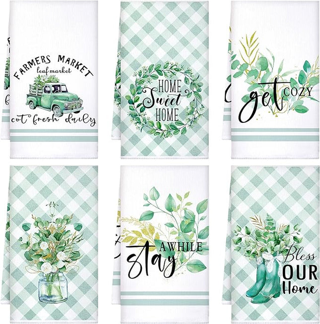 Set of 6 Eucalyptus Kitchen Towels Green Leaves Dishtowels Absorbent Spring Summer Hand Tea Towels 24 x 16 Inch Eucalyptus Lover Gifts Holiday Wedding Gifts for Farmhouse Kitchen Bathroom Decor